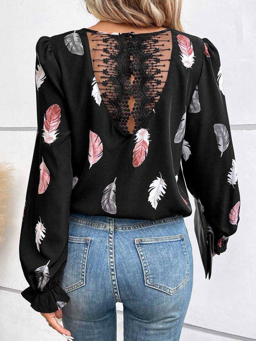 SHEIN Frenchy 羽毛印花水溶蕾絲拼接喇叭袖襯衫 - 黑色 - 查看 1