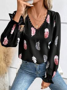 SHEIN Frenchy 羽毛印花水溶蕾絲拼接喇叭袖襯衫 - 黑色 - 查看 3