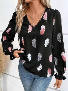 SHEIN Frenchy 羽毛印花水溶蕾絲拼接喇叭袖襯衫 - 黑色 - 查看 5