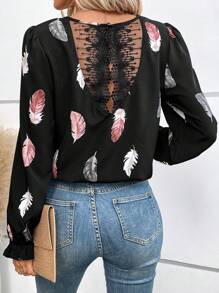 SHEIN Frenchy 羽毛印花水溶蕾絲拼接喇叭袖襯衫 - 黑色 - 查看 6