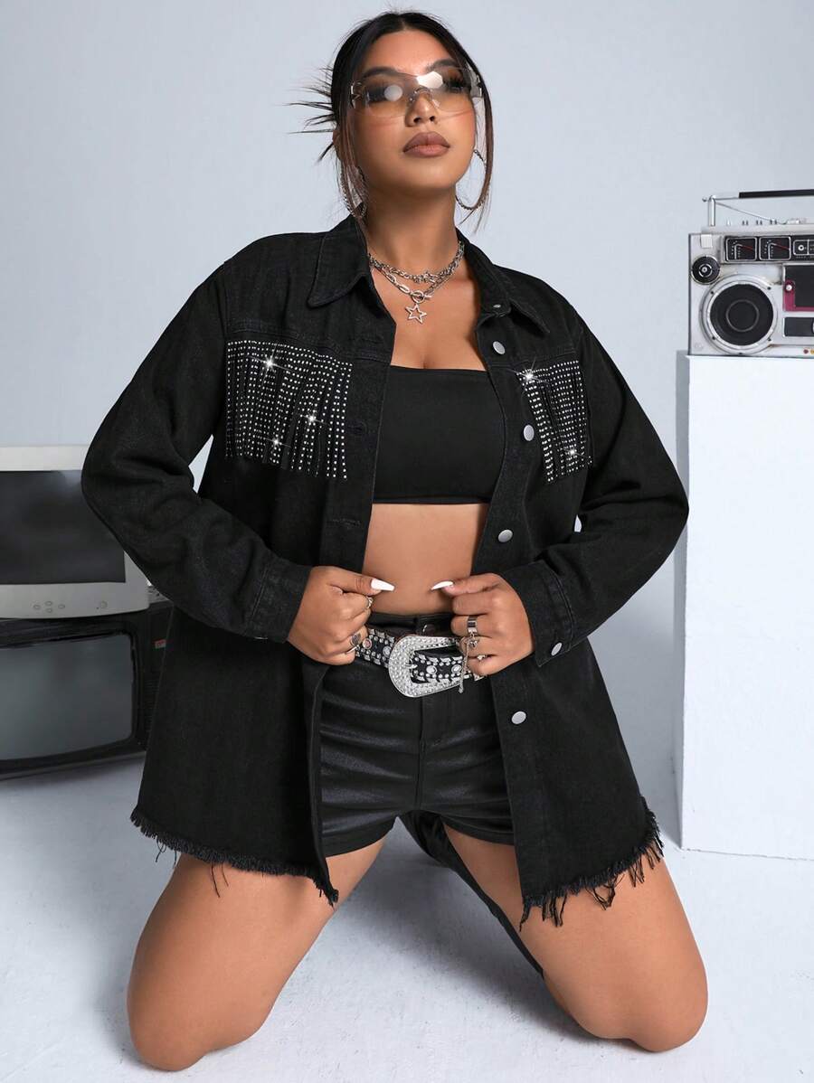 SHEIN ICON Plus Rhinestone Fringe Trim Drop Shoulder Denim Jacket - Black - View 1