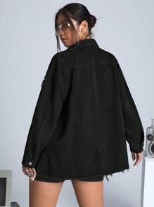 SHEIN ICON Plus Rhinestone Fringe Trim Drop Shoulder Denim Jacket - Black - View 2