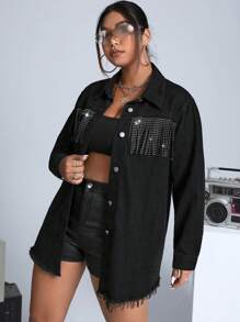 SHEIN ICON Plus Rhinestone Fringe Trim Drop Shoulder Denim Jacket - Black - View 3