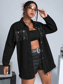 SHEIN ICON Plus Rhinestone Fringe Trim Drop Shoulder Denim Jacket - Black - View 6