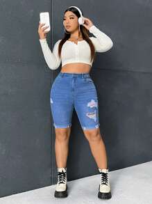 SHEIN EZwear Plus High Waist Ripped Roll Up Hem Denim Shorts - Light Wash - View 4