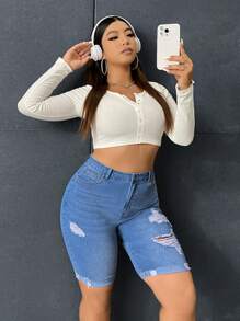 SHEIN EZwear Plus High Waist Ripped Roll Up Hem Denim Shorts - Light Wash - View 5