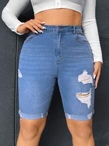 SHEIN EZwear Plus High Waist Ripped Roll Up Hem Denim Shorts - Light Wash - View 6