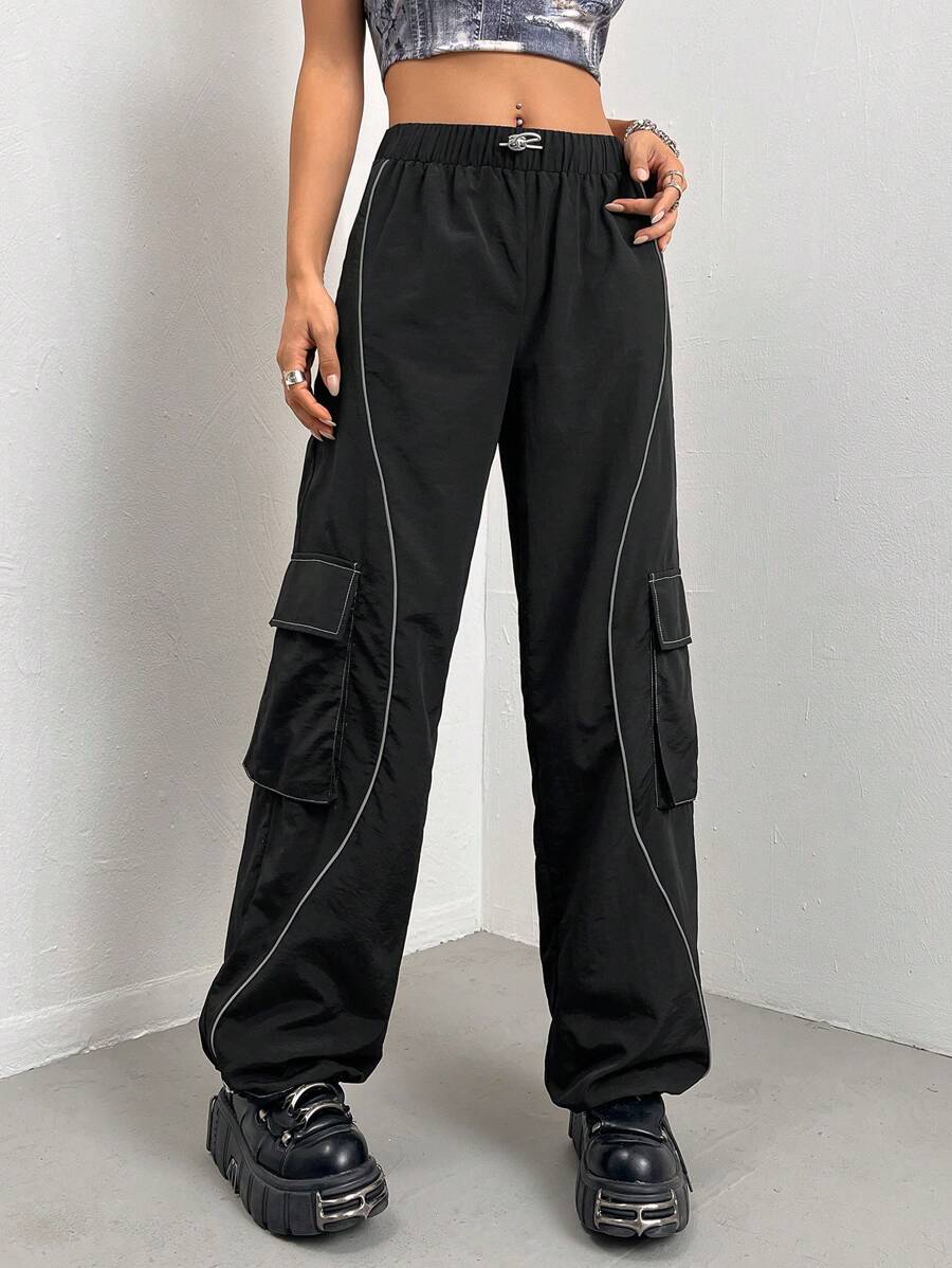 SHEIN ICON 拼接滾邊側翻蓋口袋工裝褲 - 黑色 - 查看 1