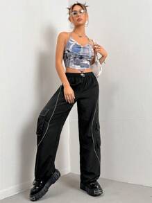 SHEIN ICON 拼接滾邊側翻蓋口袋工裝褲 - 黑色 - 查看 4