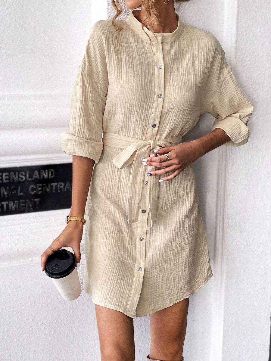 SHEIN LUNE Chất rắn Thả vai Váy có thắt lưng - Màu be - Xem 1
