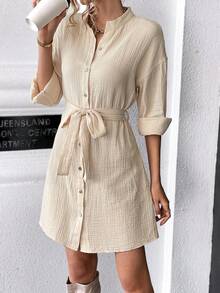 SHEIN LUNE Chất rắn Thả vai Váy có thắt lưng - Màu be - Xem 3