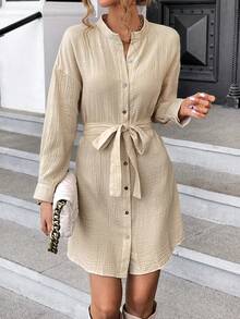 SHEIN LUNE Chất rắn Thả vai Váy có thắt lưng - Màu be - Xem 4