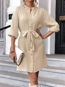 SHEIN LUNE Chất rắn Thả vai Váy có thắt lưng - Màu be - Xem 6