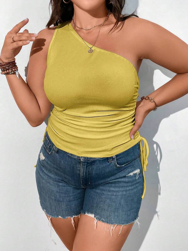 Calvaya מידות גדולות כתף אחת שרוכי איקס בצד חולצות - צהוב - ראה 3