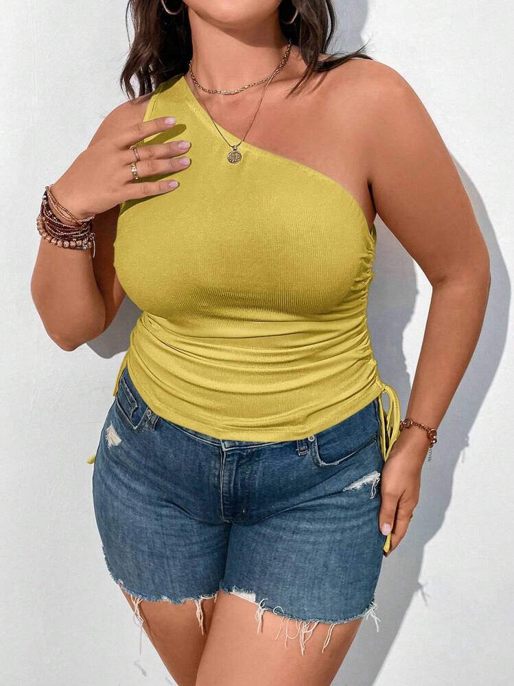 Calvaya מידות גדולות כתף אחת שרוכי איקס בצד חולצות - צהוב - ראה 4