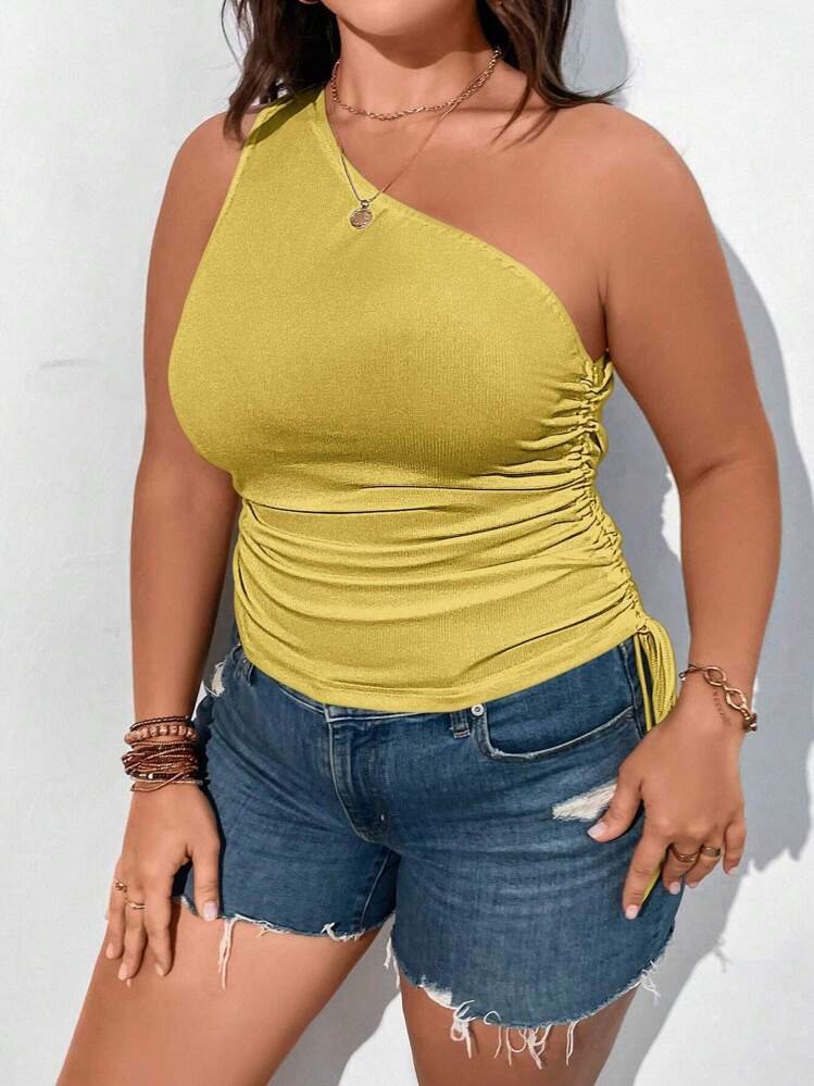 Calvaya מידות גדולות כתף אחת שרוכי איקס בצד חולצות - צהוב - ראה 5