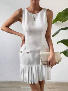 Chiquease 素色百褶下擺連衣裙 - 白色 - 查看 3