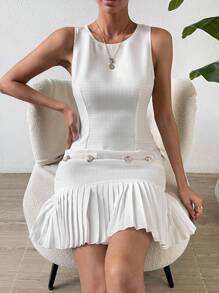 Chiquease 素色百褶下擺連衣裙 - 白色 - 查看 6