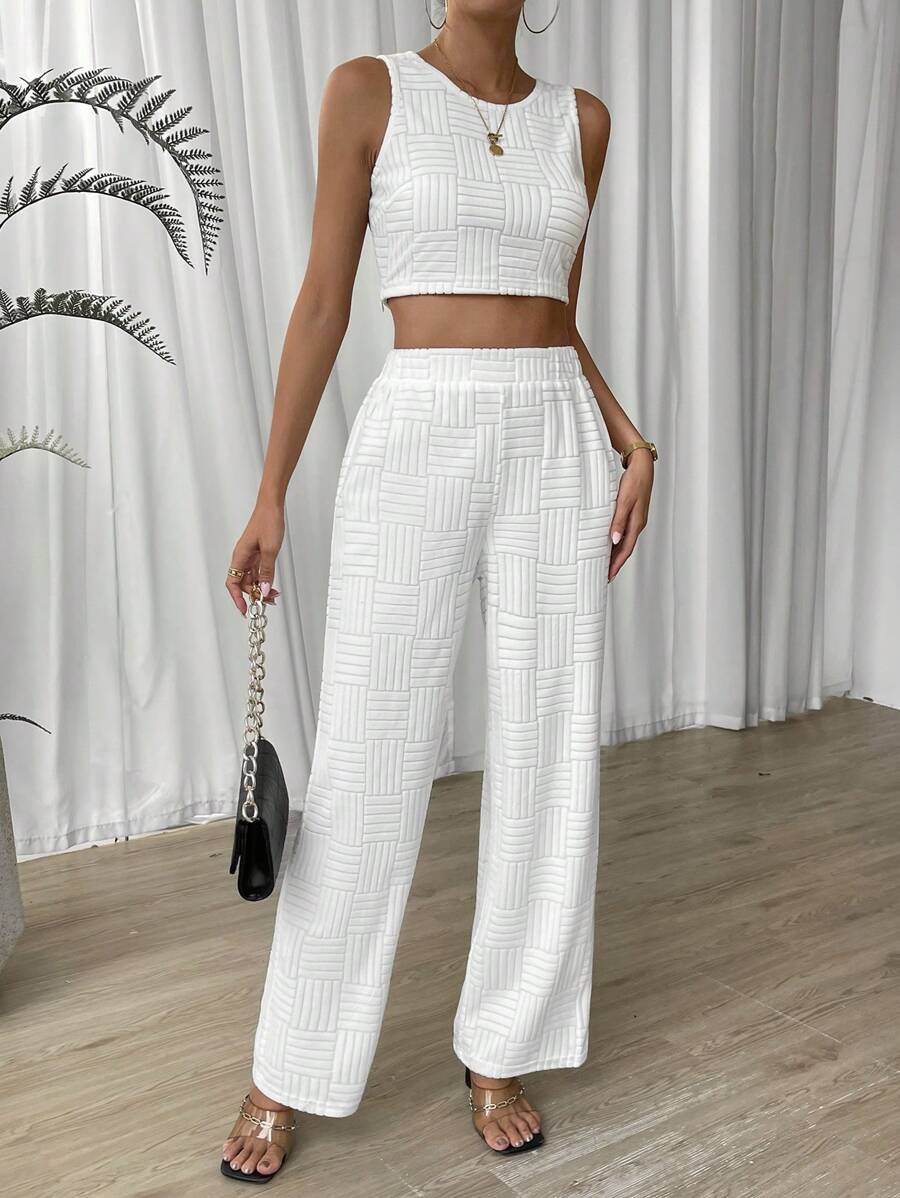 SHEIN Essnce Top tank unicolor & Pantalones de pierna ancha - Blanco - Ver 1