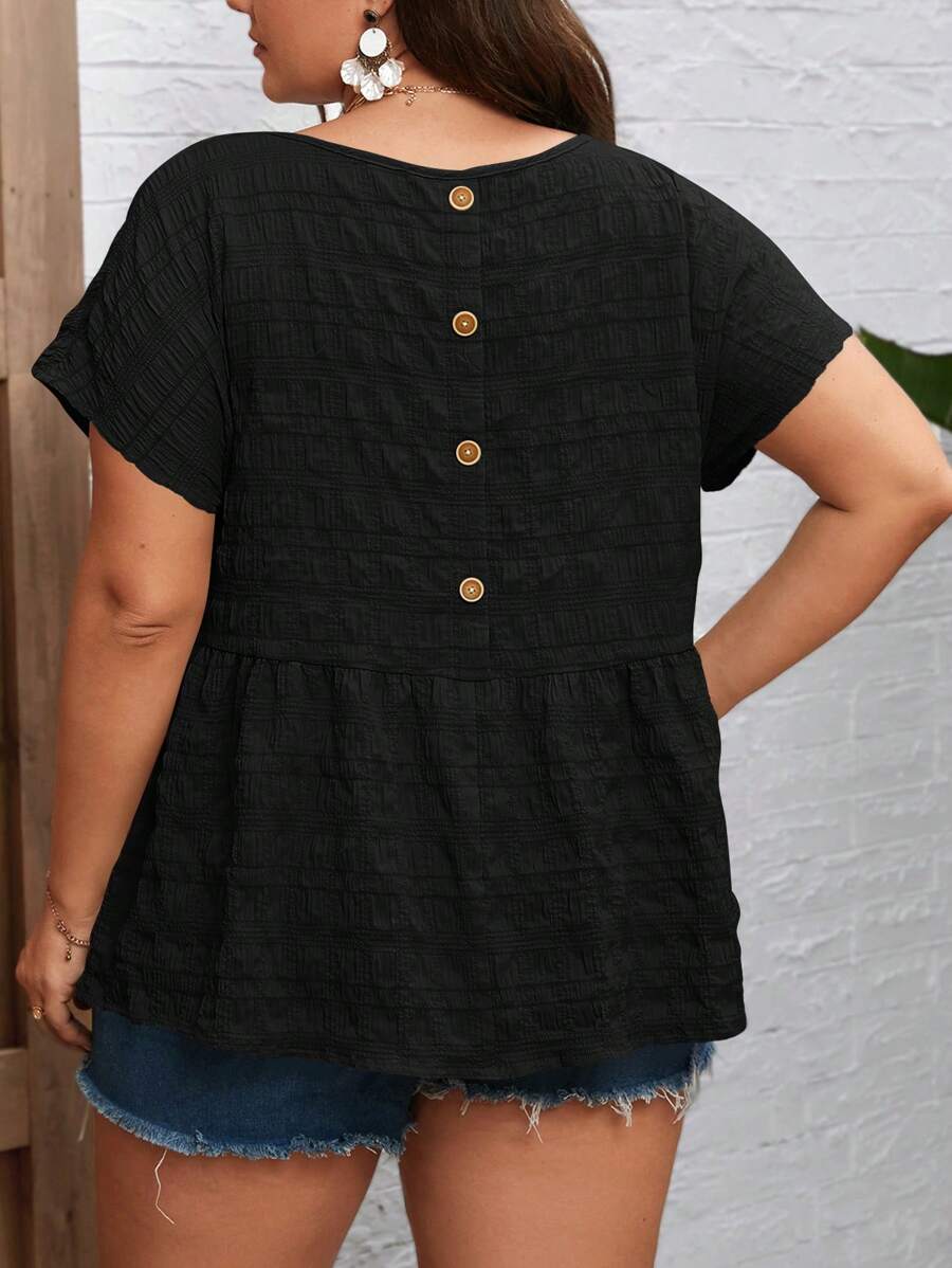 SHEIN LUNE Talla grande Blusa peplum con botón trasero - Negro - Ver 1