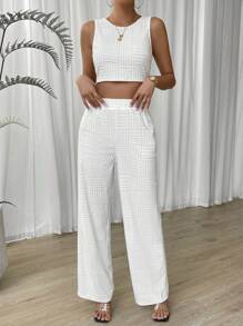 SHEIN Essnce Top tank unicolor & Pantalones de pierna ancha - Blanco - Ver 7