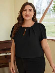 SHEIN Clasi Talla grande Top de cuello con abertura de ojo de manga farol con fruncido delantero - Negro - Ver 3