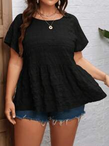SHEIN LUNE Talla grande Blusa peplum con botón trasero - Negro - Ver 3