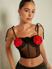 SHEIN BAE 3D Cà vạt vai Lưới Cami ngọn - màu đen - Xem 1
