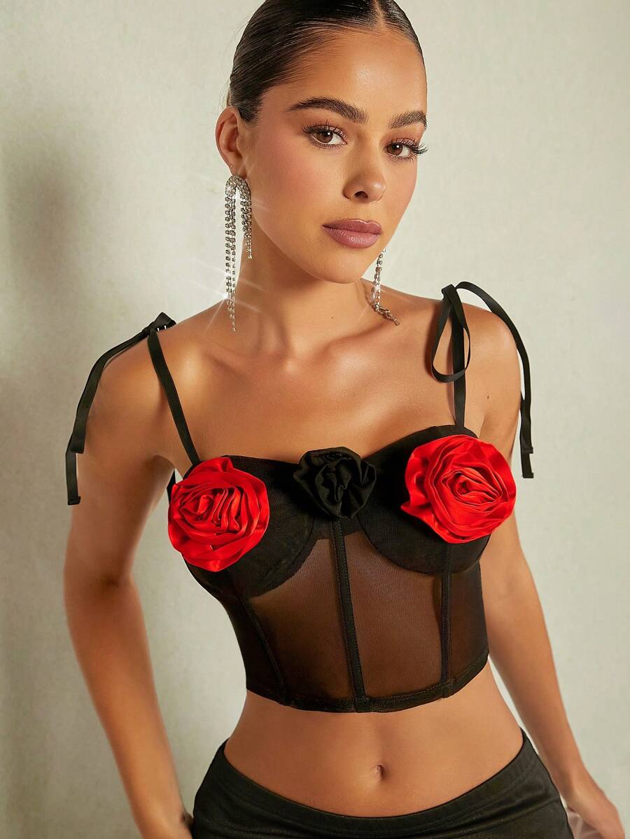 SHEIN BAE 3D Cà vạt vai Lưới Cami ngọn - màu đen - Xem 1