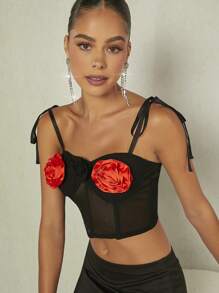 SHEIN BAE 3D Cà vạt vai Lưới Cami ngọn - màu đen - Xem 3
