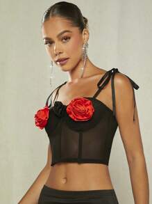 SHEIN BAE 3D Cà vạt vai Lưới Cami ngọn - màu đen - Xem 5