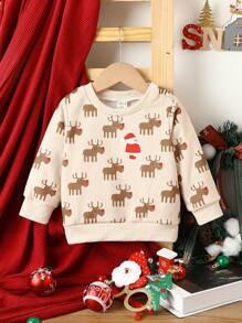 Baby Boy Christmas Elk Print Sweatshirt - Apricot - View 1