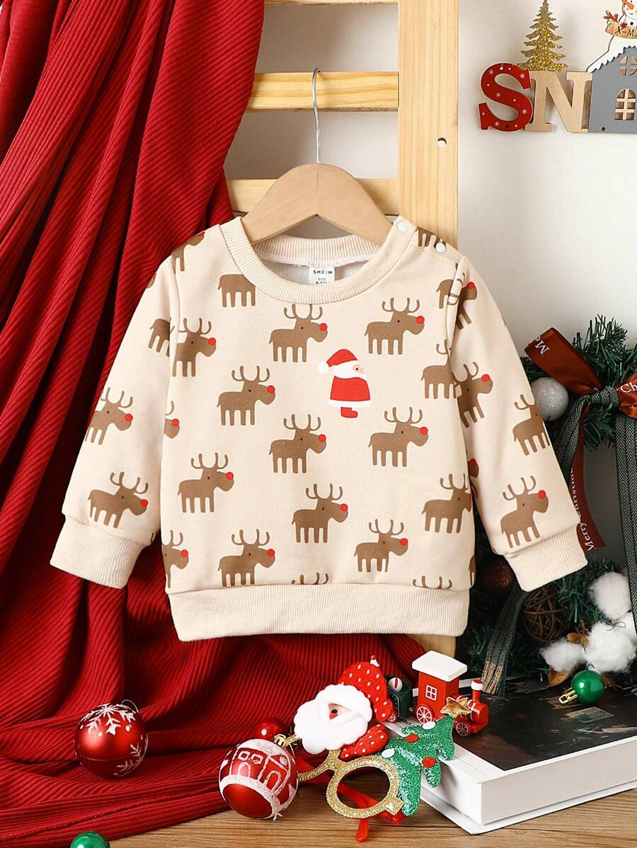 Baby Boy Christmas Elk Print Sweatshirt - Apricot - View 1