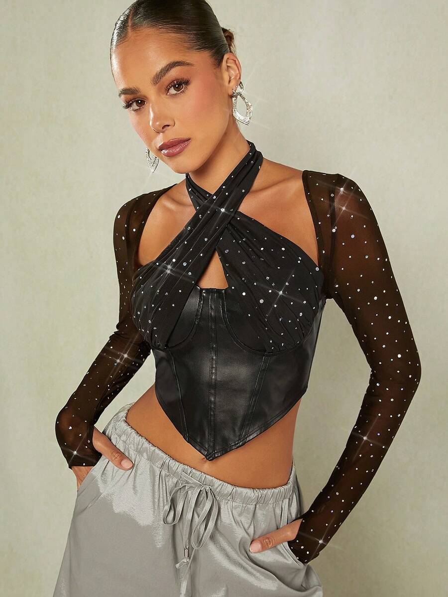 SHEIN BAE 十字交叉後背繫帶手帕下擺PU皮革上衣 - 黑色 - 查看 1