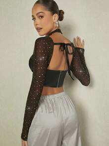 SHEIN BAE 十字交叉後背繫帶手帕下擺PU皮革上衣 - 黑色 - 查看 2