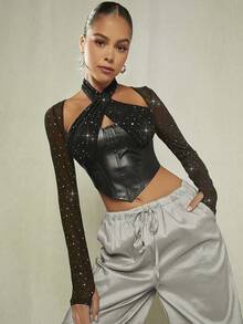 SHEIN BAE 十字交叉後背繫帶手帕下擺PU皮革上衣 - 黑色 - 查看 4