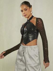 SHEIN BAE 十字交叉後背繫帶手帕下擺PU皮革上衣 - 黑色 - 查看 5