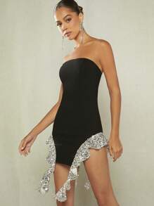 SHEIN BAE 派對不對稱 亮片拼接撞色女士連衣裙 - 黑色 - 查看 4