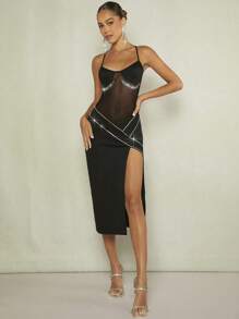 SHEIN BAE Vestido camiseta con detalle de strass, contraste de malla y abertura lateral en el muslo - Negro - Ver 3