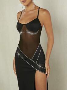 SHEIN BAE Vestido camiseta con detalle de strass, contraste de malla y abertura lateral en el muslo - Negro - Ver 4