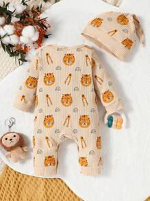 SHEIN 女嬰1入組獅子圖案前紐扣&帽 - 杏色 - 查看 2