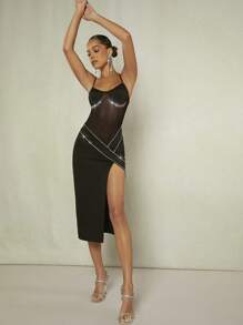 SHEIN BAE Vestido camiseta con detalle de strass, contraste de malla y abertura lateral en el muslo - Negro - Ver 5