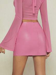 SHEIN BAE Solid Floral Appliques Detail Bodycon Skirt - Pink - View 2