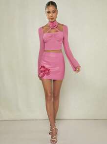 SHEIN BAE Solid Floral Appliques Detail Bodycon Skirt - Pink - View 5