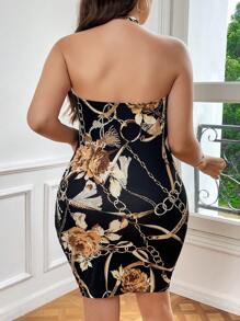 SHEIN Privé 大碼錬條圖案垂領露背繞頸緊身洋裝 - 彩色 - 查看 2