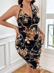 SHEIN Privé 大碼錬條圖案垂領露背繞頸緊身洋裝 - 彩色 - 查看 3