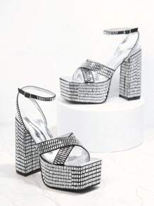 SHUZIA Rhinestone Chi tiết Nền tảng Cao gót Dép xăng đan Cho đám cưới Buổi tiệc - Bạc - Xem 2