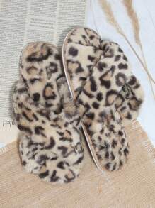 豹紋圖案交叉帶毛絨拖鞋 - 彩色 - 查看 4