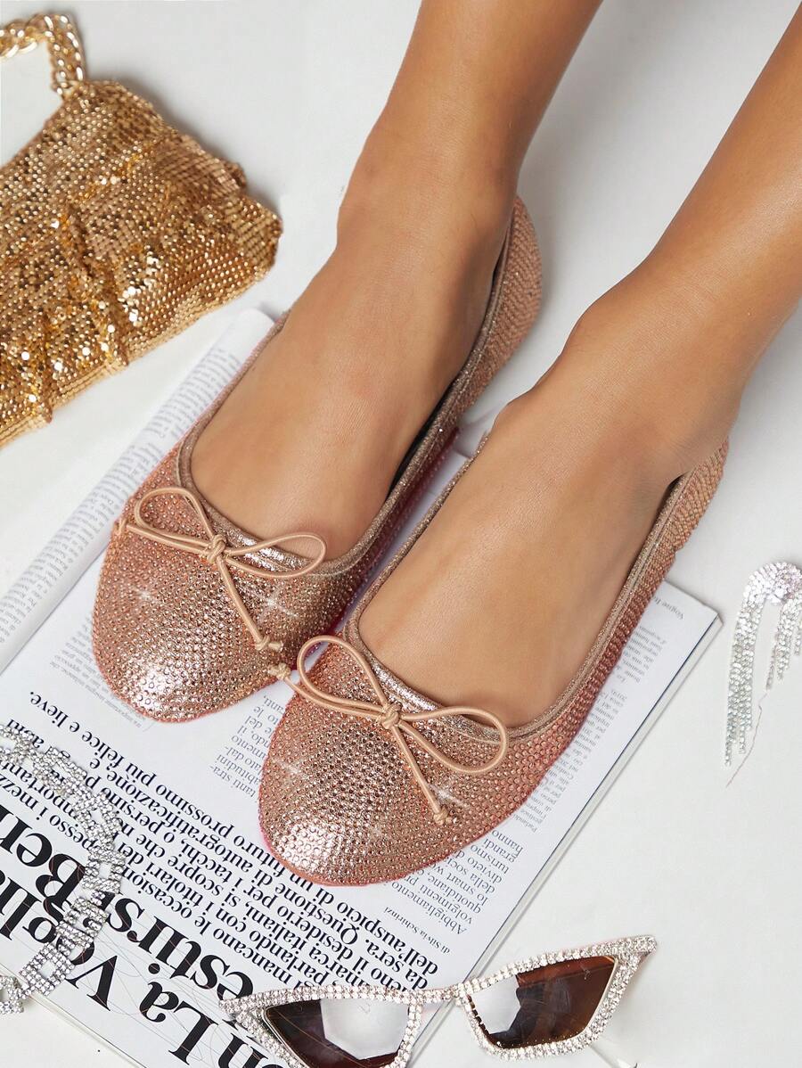 SHUZIA 金屬質感蝴蝶結細節芭蕾舞鞋 - 玫瑰金 - 查看 1