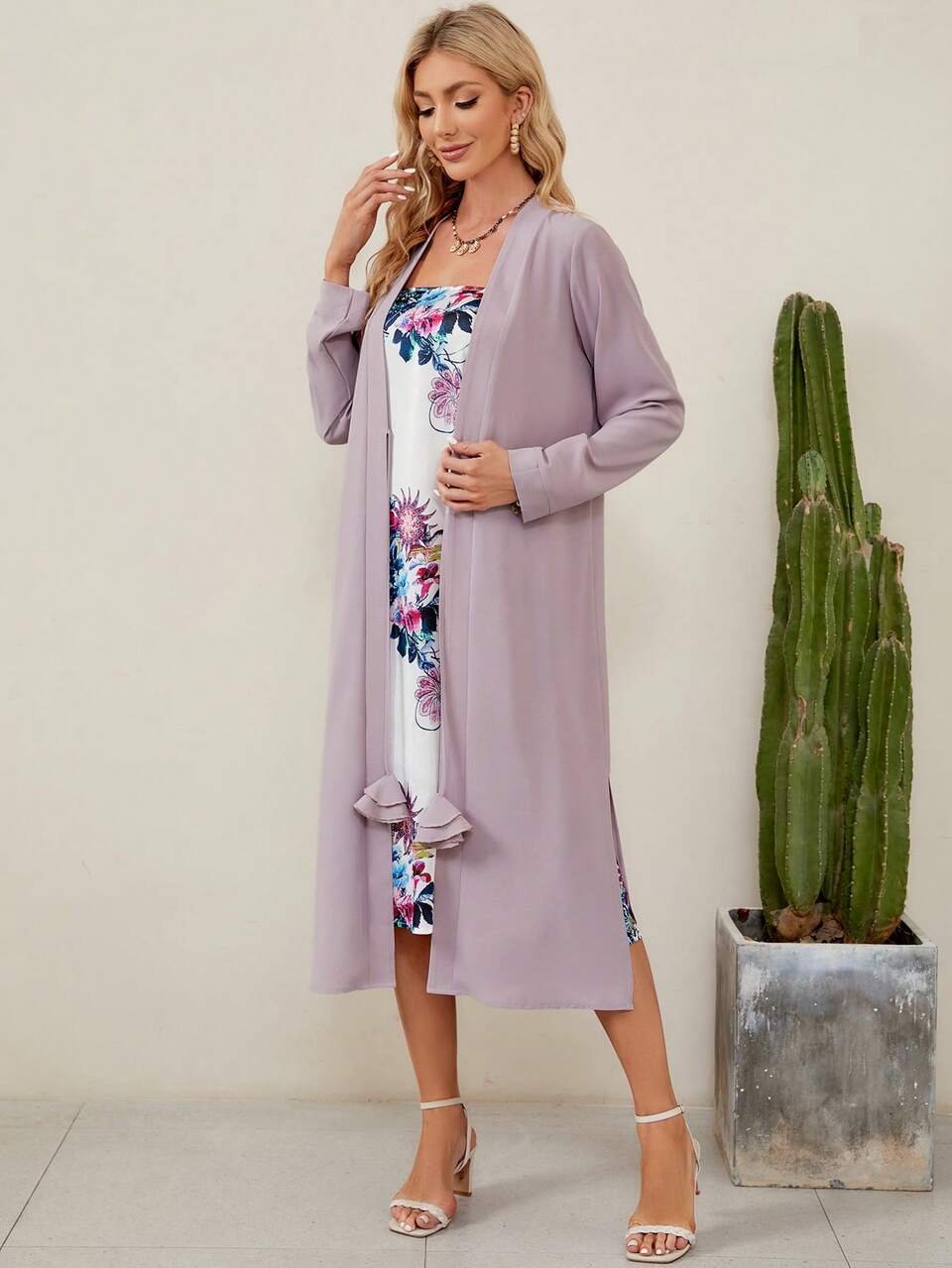 Floral Print Dress & Open Front Coat